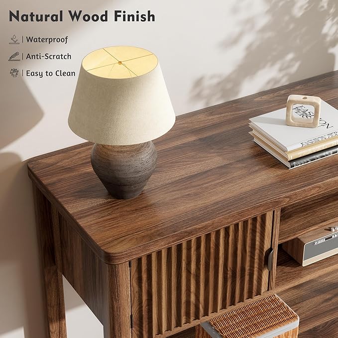 Fluted Console Table with 2 Door Cabinets, Modern Entryway Table with 3 Open Storage Shelves, Narrow Behind Couch Sofa Table for Living Room, Hallway, Foyer, 45.7" W×13.8" D×33.5" H, Walnut Brown