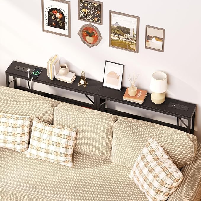 31.5'' Small Console Table with Charging Station and Storage, Entryway Table Narrow with Power Outlets and USB Ports, Skinny Sofa Table, for Living Room, Foyer, Entryway, Hallway, Black