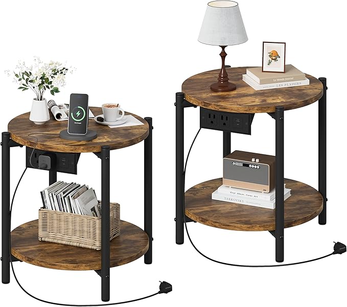 LIKIMIO Round End Tables, Set of 2, 16" W Small Round Side Tables with Charging Station, 2-Tier Modern Nightstands for Small Spaces, Living Room, Bedroom, Rustic Brown