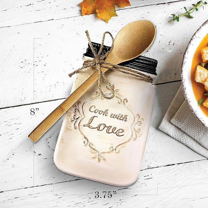 Young's Inc. Ceramic Spoon Rest - 8'' H X 4'' W - Ceramic Holder w/Spoon - Farmhouse Kitchen Décor