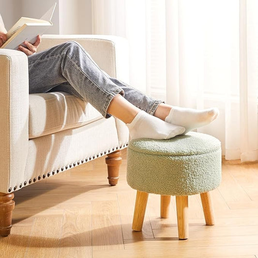 IBUYKE 13 Inch Foot Stool Ottoman with Storage, Round Small Foot Rest with Padded Seat and Wood Legs, Teddy Velvet Mini Footstool for Living Room Couch Bedroom Entryway, Green WBD006GR