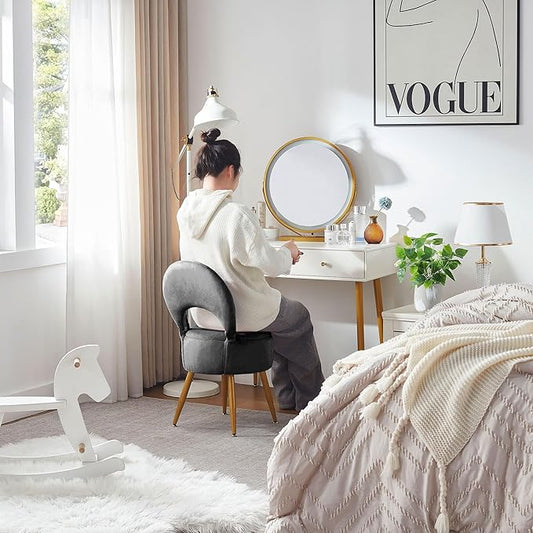 Vanity Stool with Storage and Backrest, Folding Back & Velvet Seat, Footrest, Round Ottoman with Sherpa, Vanity Chair with Storage, Ideal for Bedroom, Living Room, and Makeup Stations