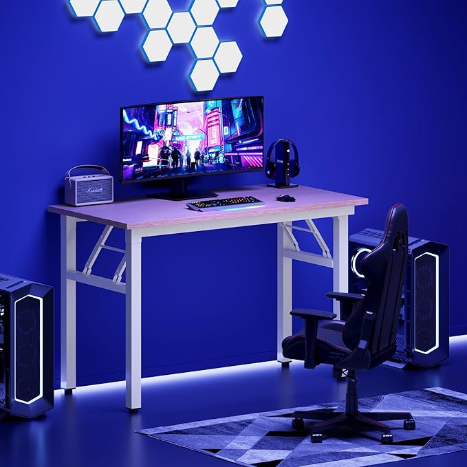 DlandHome Computer Desk Folding Table 39.4 inches Writing Desk for Small Space Study Table Laptop Desk No Assembly Required Pink Oak &White Frame