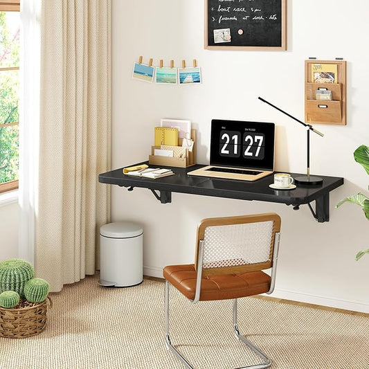 IBUYKE Wall Mounted Folding Table, Floating Wall Desk for Small Spaces, Fold Down Laundry Shelf with Heavy-Duty Brackets, Wall Table for Home Office/Bar/Kitchen/Dining Black UTVT005B