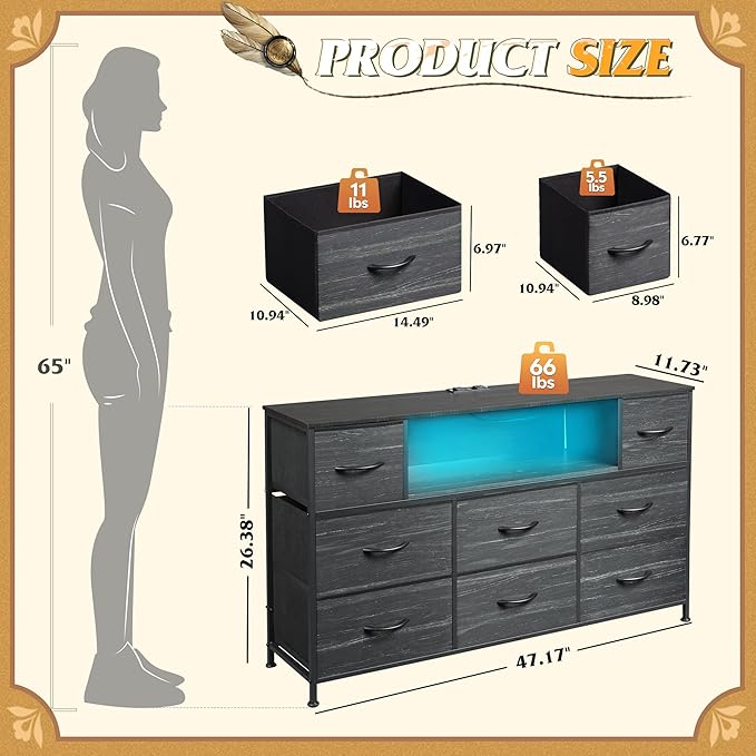 WLIVE Black Dresser TV Stand for 45, 50, 55 inch TV, Entertainment Center with LED Lights & Charging Station, Chest of Drawers with 8 Fabric Drawers and Open Shelves for Living Room, Hallway, Wood Top