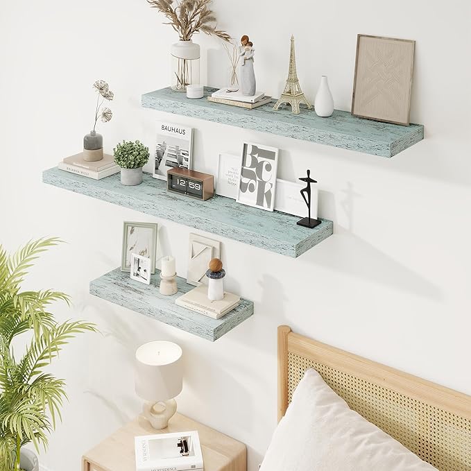 16in Floating Shelves for Wall, 16"W x 9.25"D x 1.25"H, 2 Pack Long Wall Mounted Engineered Wood Shelves with Invisible Brackets for Living Room, Bedroom, Bathroom, Kitchen Decor and Storage, Blue