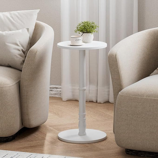 Round Side Table, Solid Wood Pillar with Wood Top & Base, Small Drink Accent Table for Living Room, Bedroom, Sofa & Office, Easy Assembly, White