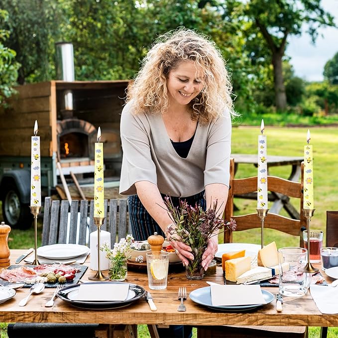 10 Inch Taper Candles with Honeybee Design – Smokeless Dripless Yellow Dinner Candles for Table, Party, Farmhouse Decor (4-Pack Assorted Yellow A)