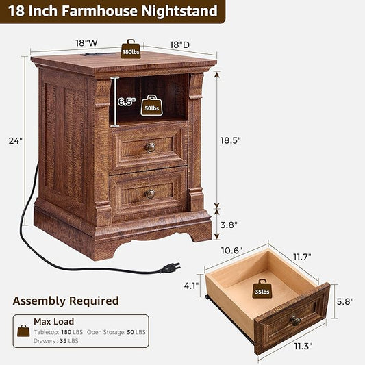 Farmhouse Nightstand with Charging Station, 18" End Table with 2 Drawers Storage and 1 Storage Shelf, Wooden Sofa Table w/Roman Column, , Bedside Cabinet for Bedroom, Living Room, Reclaimed Barnwood