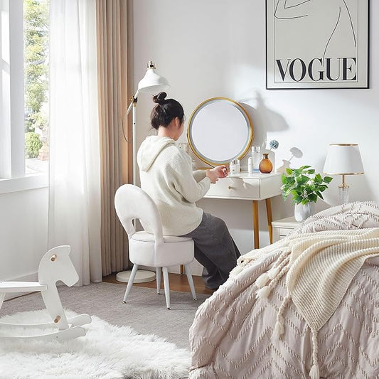 Vanity Stool with Storage and Backrest, Folding Back & Velvet Seat, Footrest, Round Ottoman with Sherpa, Vanity Chair with Storage, Ideal for Bedroom, Living Room, and Makeup Stations