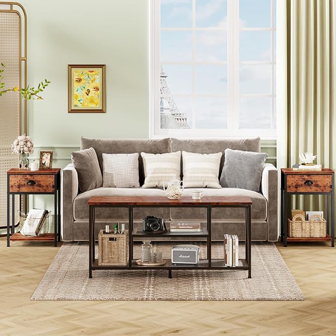 Furologee Nightstands Set of 2, Night Stand with Fabric Drawer and Storage Shelf, Retro Bedside Sofa Tables for Small Place, End Side Tables Living Room Bedroom, Rustic Brown