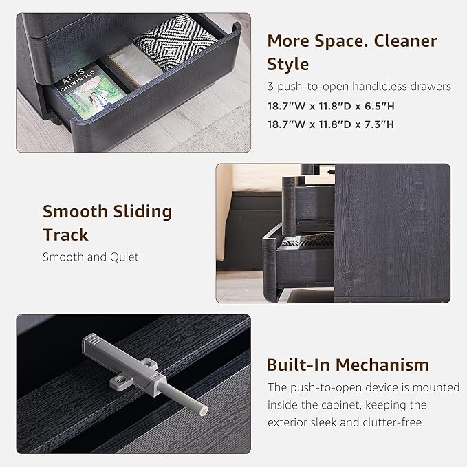 ACCOHOHO 22" Modern Nightstand Set of 2 with Charging Station, 3 Push-to-Open Drawers Bedside Table, Large End Table with Storage, Night Stand for Bedroom, Living Room, Curved Profile, Dark Black