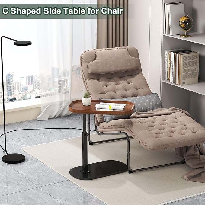 C Shaped Side Table Adjustable Height, 360°Swivel C Shaped End Table, Couch Side Tables That Slide Under, Small Coffee C Table End Table for Sofa/Bed/Bathtub, Rotating Elevate Tabletop (walnut)