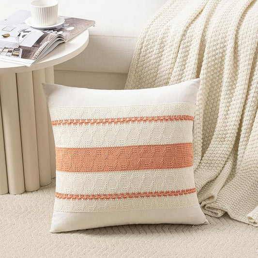 Fancy Homi Set of 2 Boho Coral Decorative Throw Pillow Cover 16x16 Inch for Couch Bed Sofa, Aesthetic Modern Organic Farmhouse Home Decor, Soft Cotton Cute Accent Macrame Woven Cushion Case