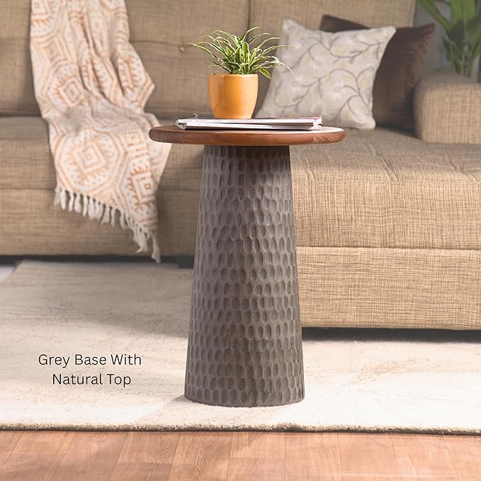 Mid-Century Farmhouse Design Hand-Carved Pedestial Solid Mango Wood Accent Drink Table, Small Round Side Table with Round Natural Top for Living Room, Bedroom or Entryway, Gray, Assembled