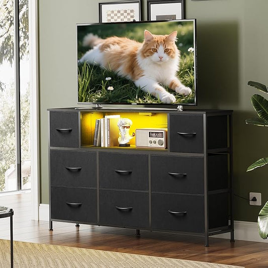 WLIVE Black Dresser TV Stand for 45, 50, 55 inch TV, Entertainment Center with LED Lights & Charging Station, Chest of Drawers with 8 Fabric Drawers and Open Shelves for Living Room, Hallway, Wood Top