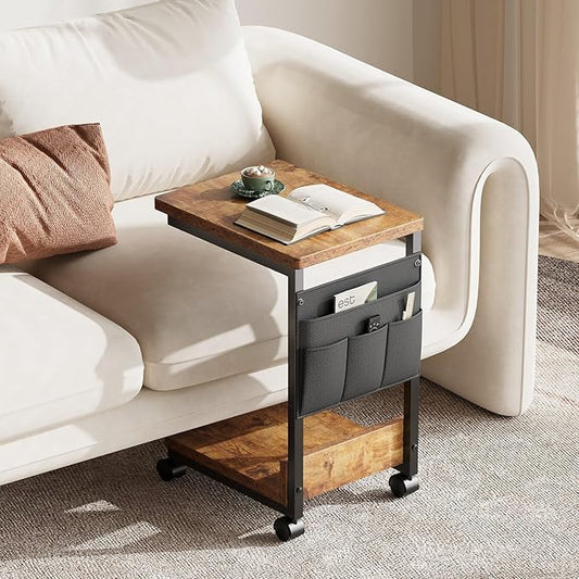 Side Table,C Table with 2-Tier Storage Shelf, End Table with a Storage Bag, Sofa Table with Wheels for Living Room, Bedroom, Office, Bathroom, Rustic Brown