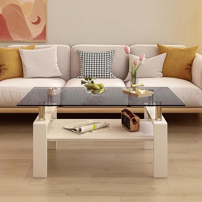 Coffee Table for Living Room, Modern Rectangle Tempered Glass Center Table with MDF Storage Shelf, 220lbs Load-Bearing for Small Space, Apartment, Office (Gray + White + Tempered Glass)