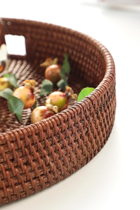 HITOMEN 14.2" Hand-Woven Round Rattan Serving Tray Decorative Ottoman Wicker Platter with Handles for Coffee Table, Breakfast, Drinks, Snack, Bread, Fruit, Vegetables (Brown - L)