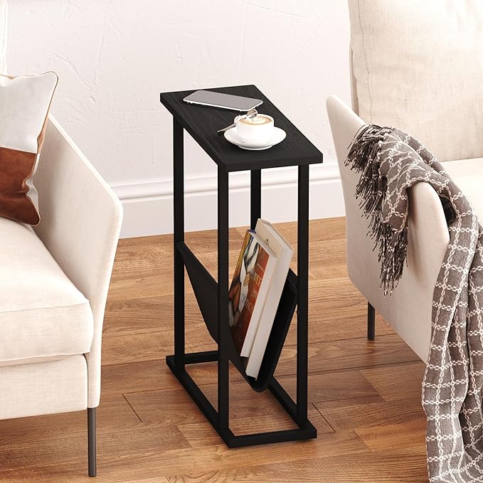 Yusong Narrow Side Table for Small Spaces, Small End Table Set of 2 with Magazine Holder, Skinny Slim Little Thin Table for Living Room, Bedroom, Sofa, Black Oak