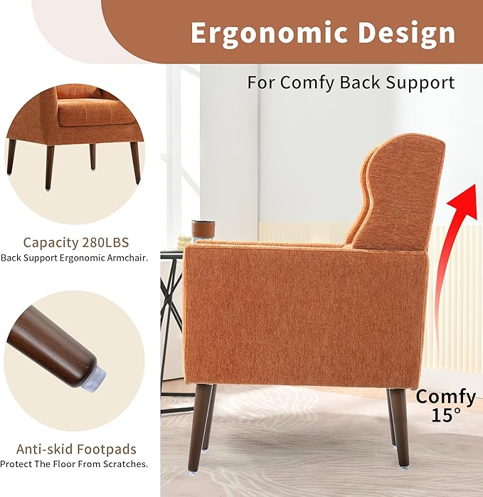 Modern Accent Chair, Upholstered Arm Chair with Waist Pillow, Single Sofa Chair for Living Room Bedroom Small Spaces (Orange)