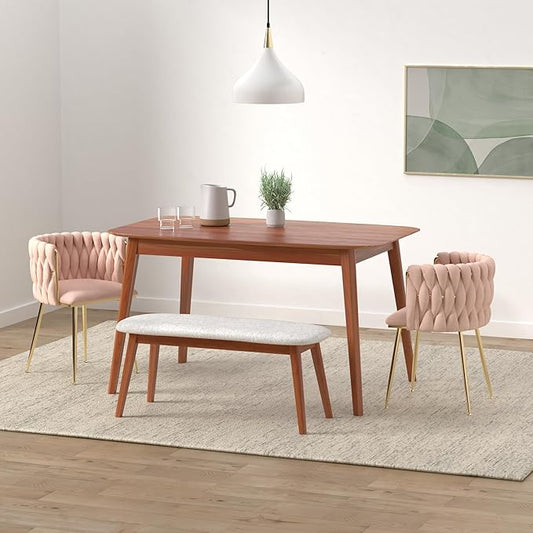 NIOIIKIT Modern Velvet Dining Chairs Hand Weaving Accent Chairs Living Room Chairs Upholstered Side Chair with Golden Metal Legs for Dining Room Kitchen Vanity Living Room (Pink)