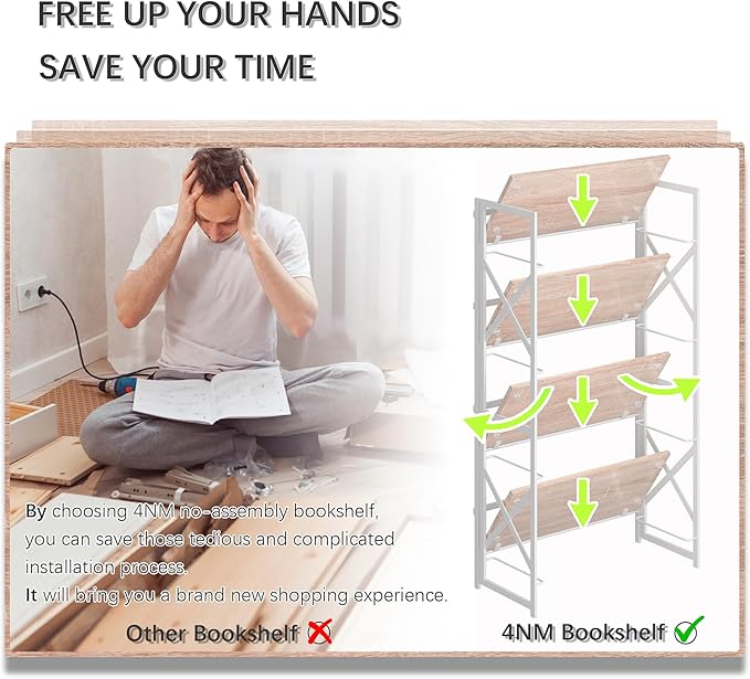 4NM 4 Tiers No Assembly Book Shelves, 41.3" H Folding Bookshelf Bookcase Open Industrial Foldable Shelves for Bedroom, Living Room, Home Office - Natural White