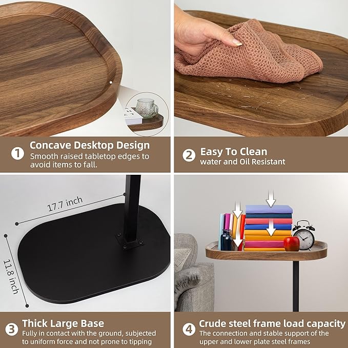 Aoligrace Nightstands Set of 2 Adjustable Height, 360°Swivel C Shaped End Table for Couch Sofa, Walnut Bed Side Table for Living Room Bedroom College Dorm