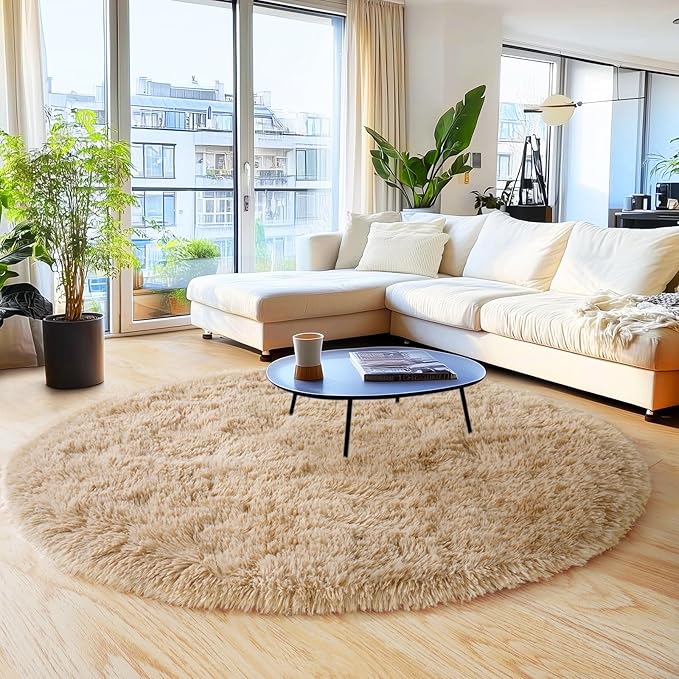 5'x5' Beige Round Rug for Bedroom, Ultra Soft Fluffy Circle Rug for Kids Girls Boys Room, Cute Shag Rugs for Living Room Playroom Tent Castle Home Decor Rug