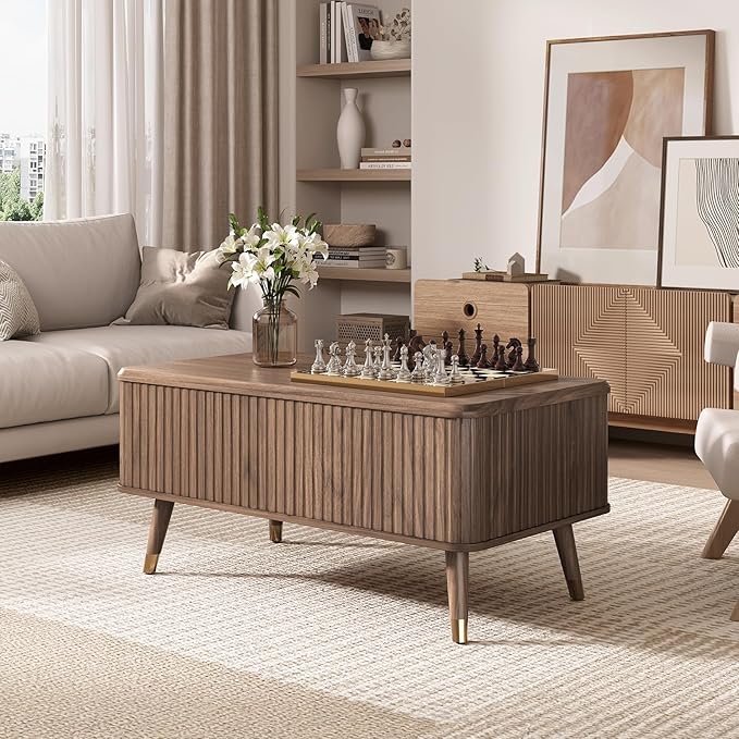 Lift Top Coffee Table with Storage Shelf & Hidden Compartment, Mid Century Modern Fluted Rectangle Dining Table for Living Room, Home Office, Walnut