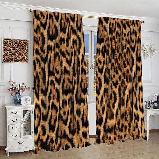 Leopard Print Blackout Curtains, Wild Animal Skin Black Brown Fur Leopard Print Rod Pocket Curtain Window Treatments 2 Panels Drapes for Nursery Living Room Bedroom Kitchen Decor 63"W X 63"L