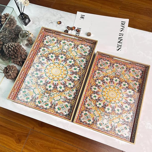 2pcs Boho Red Decorative Serving Tray, Modern Plastic Tray with Handles for Coffee Table, Living Room, Ottoman, Home Decor, Large, 15.7"*11.8"*1.6", Small 13.7"*9.8",