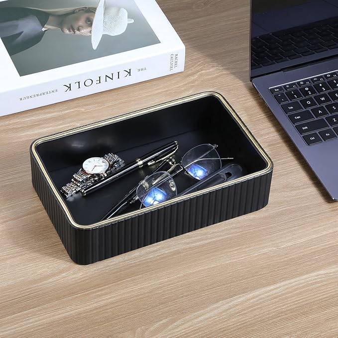 Desk Organizer Tray, PU Leather Valet Tray Nightstand Organizer Cologne Perfume Trays for Men Women, Decorative Vanity Trays Key Bowl Trinket Dish (Black, 9.5" x 6" x 2.2")