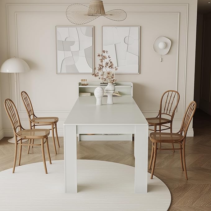 DMAITH 20"-99" White Extendable Dining Table with Storage for 2-10 People, Modern Modular Extension Table, Space-Saving Extra Long Folding Dining Table, Multifunctional Conference Meeting Table