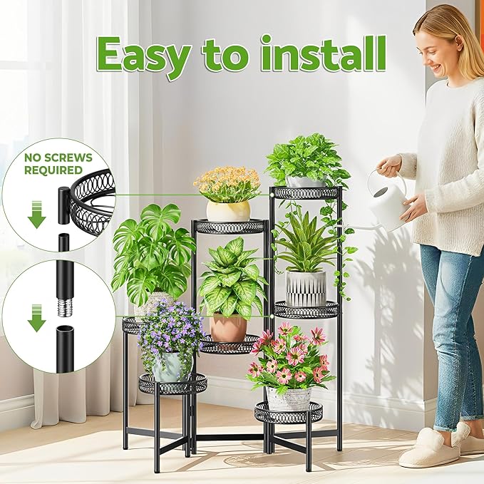 Plant Stand Indoor Outdoor, 7 Tier Large Plant Stand with 7.9-Inch Wide Drainage Tray, Tiered Corner Metal Iron Flower Display Holder Shelf, Folding Tall Rack for Patio Balcony Porch - BlackFlower
