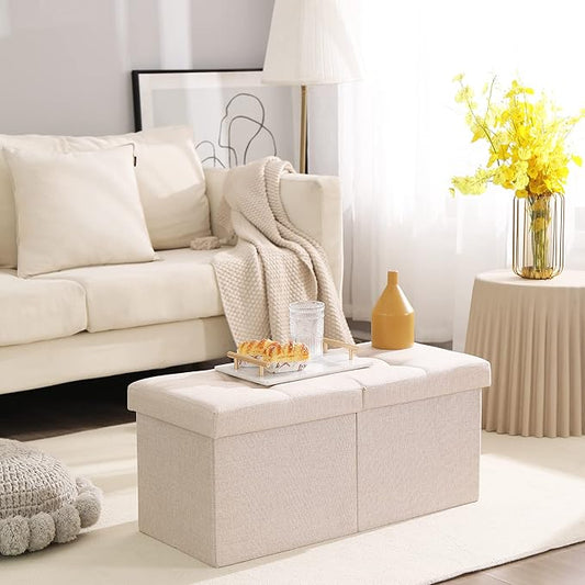 Cuyoca Foldable Seat Footrest Shoe Bench End of Bed Storage with Flipping Lid, 75L Storage Space, 30 inches Linen Fabric Beige