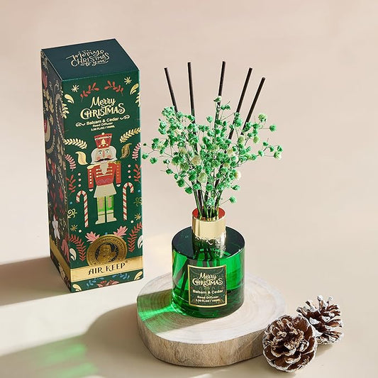 Airkeep Christmas Reed Diffuser Set,3.38 fl oz (100 ml) Reed Diffuser - Balsam&Cedar Oil Diffusers with 8 Reed Sticks, Home Fragrance Reed Diffuser for Bathroom Shelf Decor