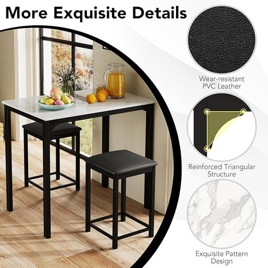 Giantex Dining Table Set for 2, Counter Height Bar Table with Faux Marble Pattern Tabletop, 2 Padded Bar Stools, Footrests, Metal Frame, Dinette Set for Kitchen Small Space Breakfast Nook Pub, White