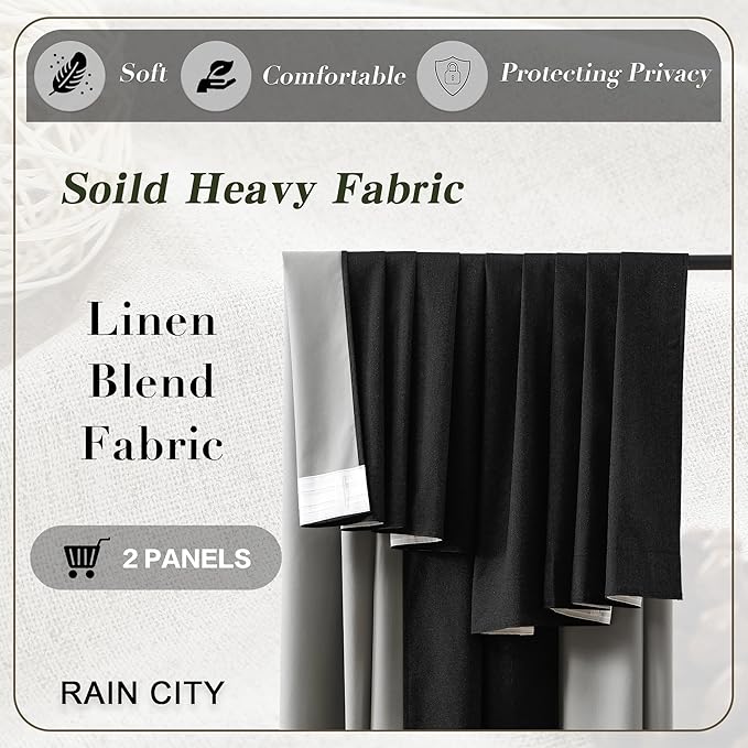 RAIN CITY Extra Wide Blackout Large Curtains 70 x 108 Inch Long, Linen Blend Black Out Pleated Curtains 2 Panels Set, Back Tab Pocket Textured Curtain for Home Office Patio Sliding Glass Door
