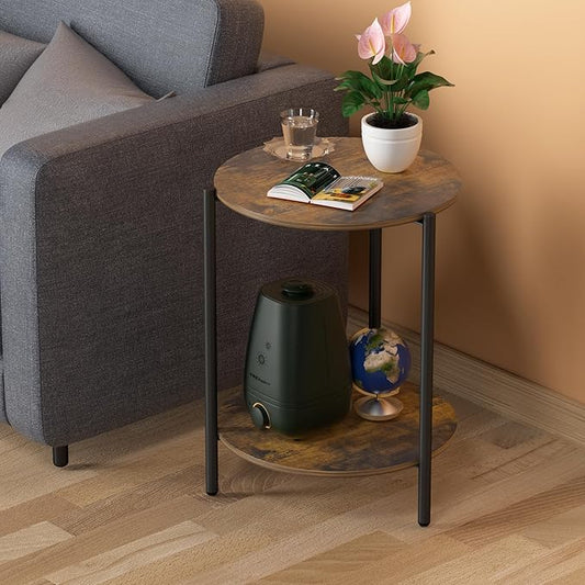 Round Side Table, 2-Tier Circle End Tables with Storage Wood Rustic 15.75" Small End Tables Farmhouse Side Table for Living Room Bedroom Balcony Small Spaces - Walnut