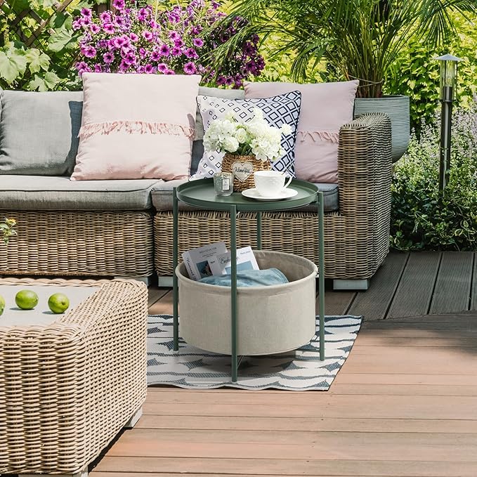 danpinera Round Side Table with Fabric Storage Basket, Metal Side Table Small Bedside Nightstand with Removable Tray for Living Room, Bedroom, Nursery, Dark Green