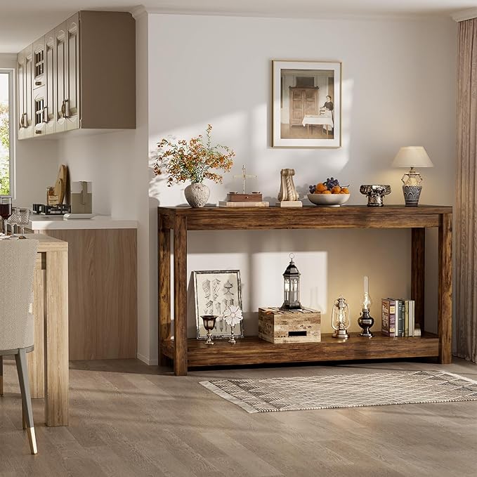 47" Farmhouse Wood Entryway Table Narrow Console Table with Storage Behind Couch Sofa Table with Shelves Entry Way Table with Open Storage, Easy Assembly, Rustic Brown