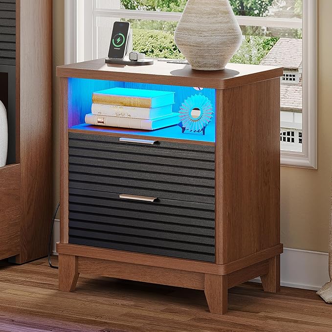 AOGLLATI Fluted Night Stand Set of 2 with Charging Station and 2 Drawers, Black Nightstands Set of 2, Beside Table with Open Storage and Led Lights, Retro End Side Table for Bedroom, Black
