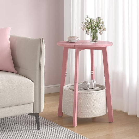 Small Round Side End Table with Cloth Storage Basket, Round Bedside Sofa Couch Coffee Tables for Small Places with Metal Frame, Modern Nighstands for Living Room Bedroom, Pink