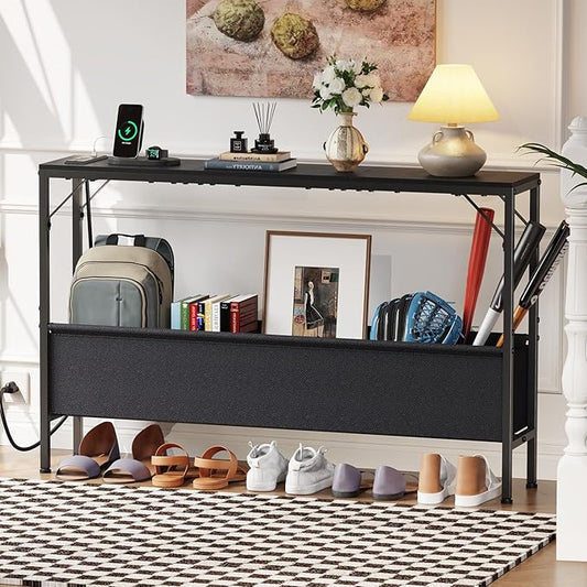 Console Tables with Charging Station and Storage Basket, 47.2'' Entryway Table Narrow with Power Outlets USB Ports, Couch Table Behind Sofa, Hallway Table for Foyer, Living Room, Black