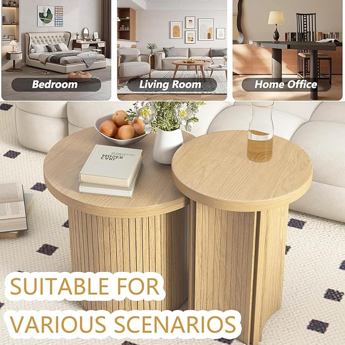 Set of 2 Nesting Coffee Tables Farmhouse,Round Coffee Tables Living Room,Wood Finish Coffee Table Set, Small Coffee Table, Sofa Side Living Room Bedroom Coffee Table Side Table (Small Size-Set)