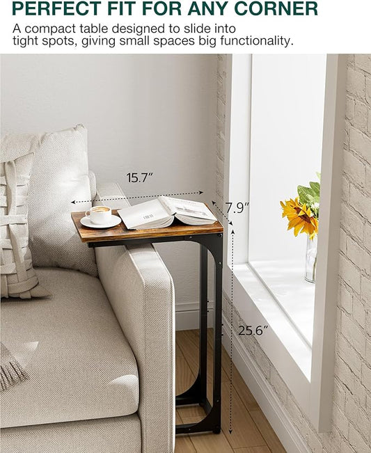 Narrow C Shaped Side Table Set of 2 - Small Sofa Couch Side Table for Living Room, Compact Coffee Tray Tables with Metal Frame, Easy Assembly, Space Saving Design