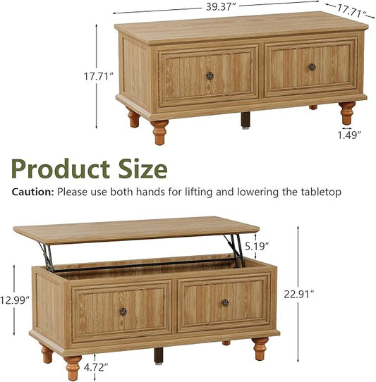 Lift Top Coffee Table for Hidden Compartment, 39" Wood Rectangular Center Table with Lift Tabletop, Sturdy Space-Saving Dining Table for Living Room Home Office Small Space (Natural)
