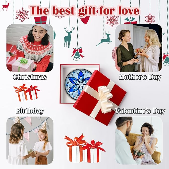 Stained Glass Window Hanging, Blue Tiffany Style Flowers Sun Catcher for Window Door Home Decor Suncatcher Christmas Mother's Day Birthday Gifts for Women Men Mom and Nana 6.3 in