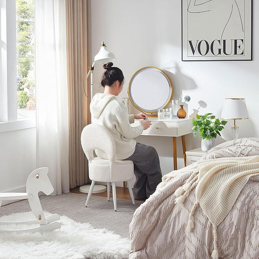 Vanity Stool with Storage and Backrest, Folding Back & Velvet Seat, Footrest, Round Ottoman with Sherpa, Vanity Chair with Storage, Ideal for Bedroom, Living Room, and Makeup Stations